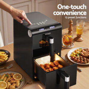 Devanti 11L Dual Zone Air Fryer Oven In Black – Great Shop Open Baskets Of Dual Zone Air Fryer Oven Containing Chips And Chicken Wings