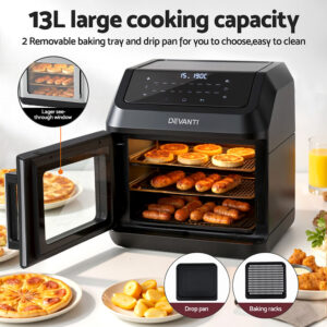 Devanti 13L Air Fryer Oven Lcd Touch 2000W – Great Shop Open Door Interior View Of The Devanti 13L Benchtop Oven With Crisping Tray Loaded