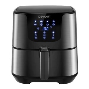 Devanti 7L Digital Air Fryer in black stainless steel on kitchen bench