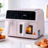 Devanti 9L Dual Zone Air Fryer In Elegant Pink – Great Shop Devanti 9L Dual Zone Air Fryer In Elegant Pastel Pink Front View