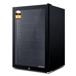 Devanti 115L Bar Fridge Glass Door w/Light Black stocked in an office breakroom
