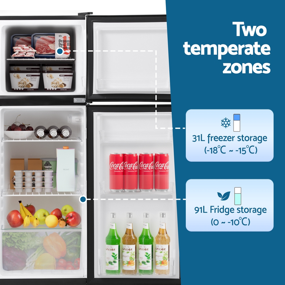 Devanti 122L Two Door Bar Fridge With Freezer Black – Great Shop Open Devanti Two Door Mini Fridge Stocked With Drinks, Fruits, And Frozen Goods