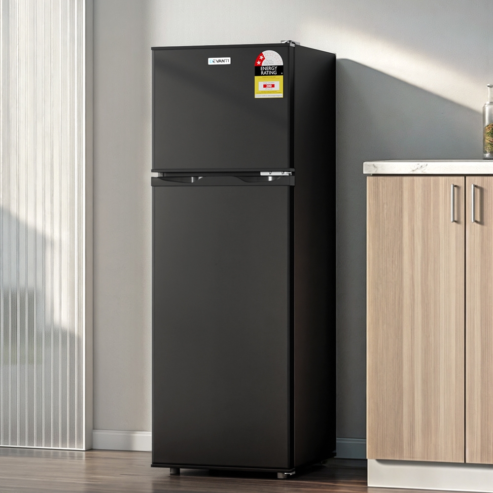 Devanti 122L Two Door Bar Fridge With Freezer Black – Great Shop Devanti Black Bar Fridge Integrated Into A Modern Office Breakroom Layout