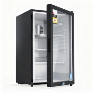 Devanti 105L Bar Fridge Glass Door Mini Fridge stocked with drinks in an entertainment area