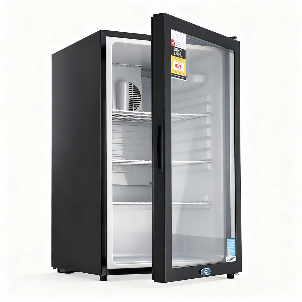 Devanti 105L Bar Fridge Glass Door Mini Fridge Black – Great Shop Devanti 105L Bar Fridge Glass Door Mini Fridge Stocked With Drinks In An Entertainment Area