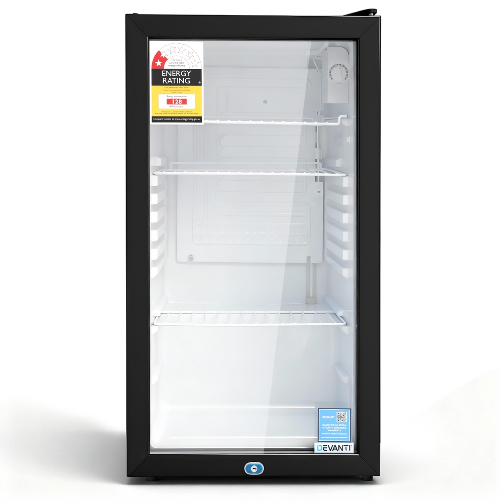 Devanti 78L Glass Door Bar Fridge Countertop Cooler Black – Great Shop Devanti 78L Glass Door Bar Fridge In Matte Black Finish On A Countertop