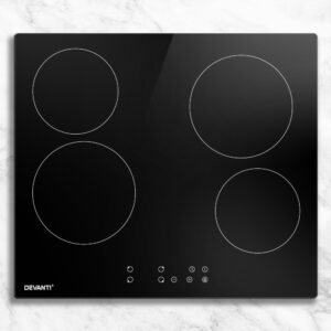 Devanti 60cm Electric Ceramic Cooktop black glass 4 zone built in hob