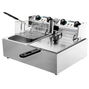 Stainless steel Devanti 20L commercial deep fryer double basket sitting on a stainless steel bench