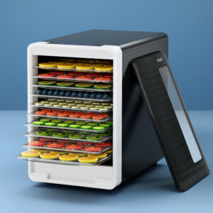 Open Transparent Door View Of The Devanti 550W Food Preserver Showing 10 Removable Plastic Trays
