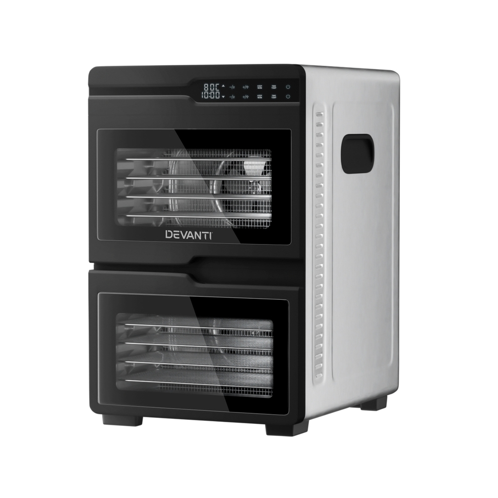Devanti 12 Trays Food Dehydrator Dual-Zone Stainless – Great Shop Devanti 12 Trays Food Dehydrator Dual-Zone Stainless Steel Unit Facing Forward