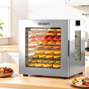 Devanti food dehydrator 10 trays stainless steel body with visible glass door sitting on a kitchen benchtop.