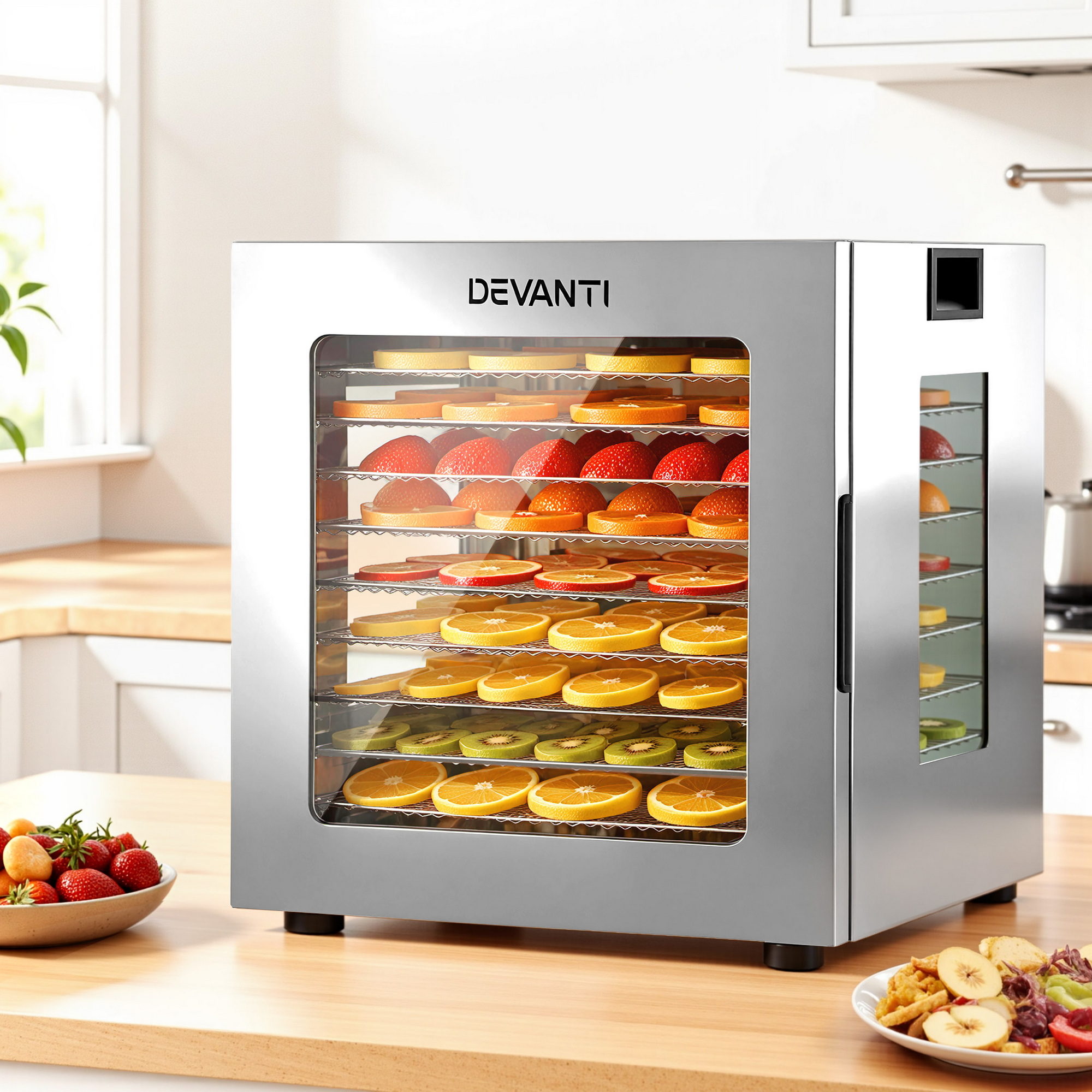 Devanti 10 Trays Food Dehydrator Stainless Steel Glass Door – Great Shop Devanti Food Dehydrator 10 Trays Stainless Steel Body With Visible Glass Door Sitting On A Kitchen Benchtop.