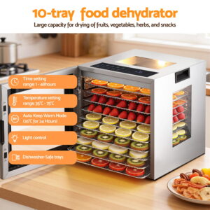 Devanti 10 Trays Food Dehydrator Stainless Steel Glass Door – Great Shop Led Touch Control Panel On A Digital Food Dehydrator Showing Temperature Settings And Fruit Icons.