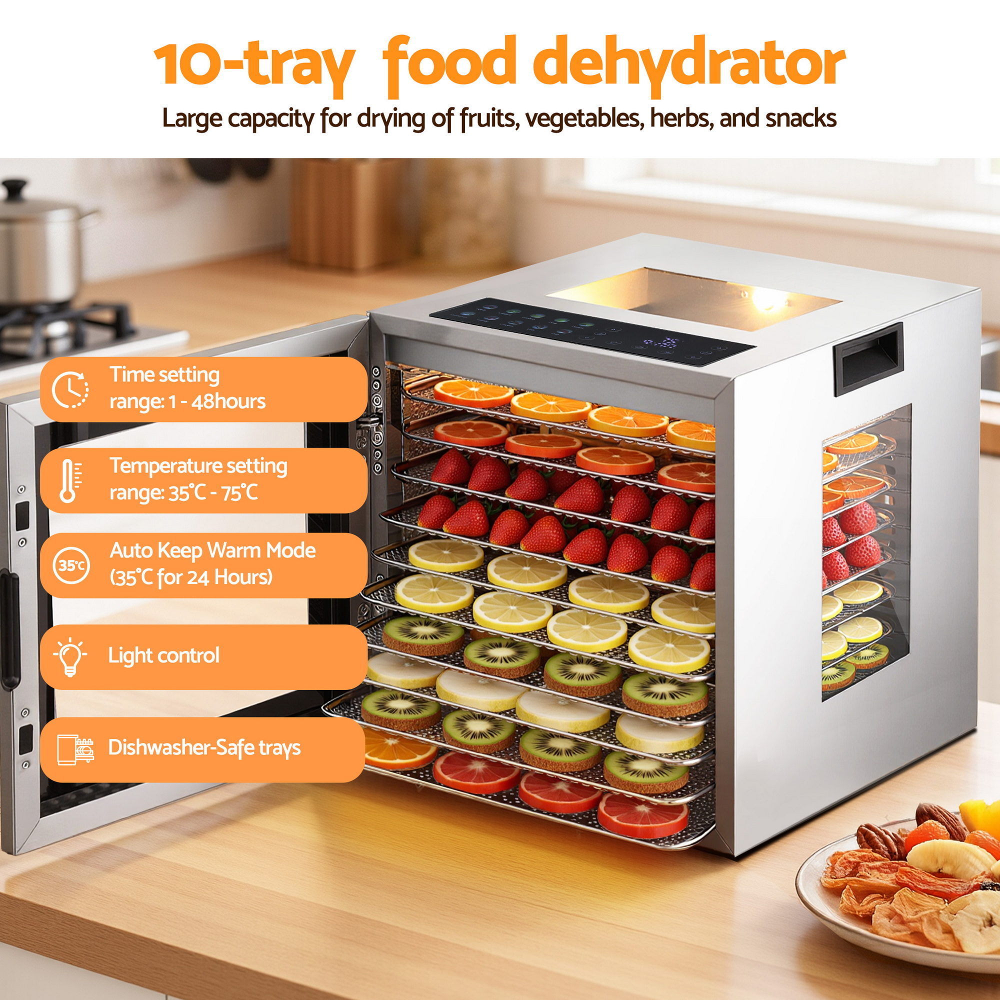 Devanti 10 Trays Food Dehydrator Stainless Steel Glass Door – Great Shop Led Touch Control Panel On A Digital Food Dehydrator Showing Temperature Settings And Fruit Icons.