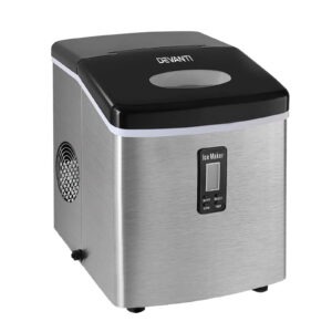 Premium silver and black Devanti 15kg ice maker machine silver operating on a modern marble kitchen benchtop