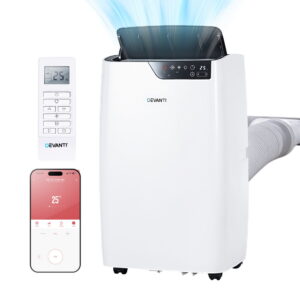Devanti Portable Air Conditioner Dehumidifier Fan 12000BTU in sleek white casing