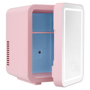 Pink Glacio 4L mini fridge with illuminated LED vanity mirror door
