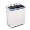 Front View Of White Devanti Portable Washing Machine Twin Tub 4.6Kg White On A Outdoor Campground Layout