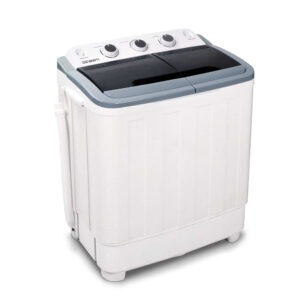 Front view of white Devanti portable washing machine twin tub 4.6kg white on a outdoor campground layout