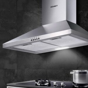 Brushed silver Devanti 600mm stainless steel range hood mounted on a modern tiled kitchen wall
