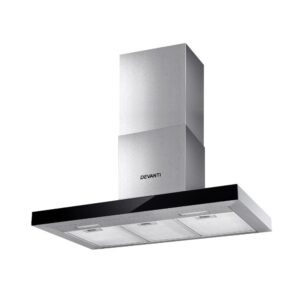 Modern black Devanti 900mm range hood glass stainless steel wall mounted in a contemporary kitchen