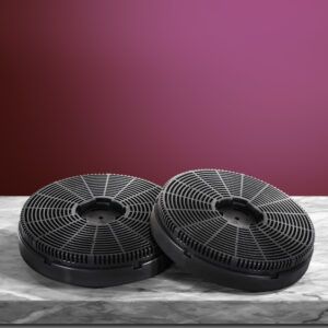 Twin pack of black circular Devanti 16cm range hood carbon charcoal filters on a white background