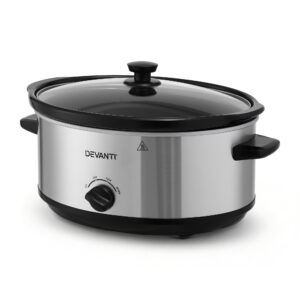 Devanti 6.5L Slow Cooker Electric Multi Cooker Silver on a kitchen counter