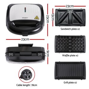 Devanti 3-In-1 Sandwich Press Waffle Maker &Amp; Grill Product Image Great Shop