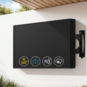 40-43 Inch TV Cover in matte black fitted over an outdoor wall-mounted television.