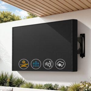 Artiss 55-58 Inch TV Cover in matte black fitted over an outdoor wall-mounted big screen television.