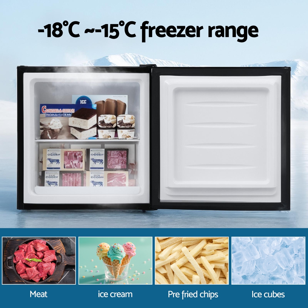 Devanti 31L Small Upright Vertical Freezer In Black – Great Shop Internal Shelves Inside Open Small Upright Freezer Showing Frozen Food