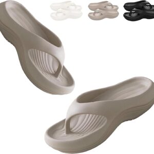 Pair of khaki pillow arch support flip flops showcasing the contoured orthopedic footbed