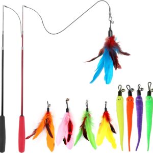 Huidcom cat feather toy kit displaying two retractable wands and nine assorted feather refills