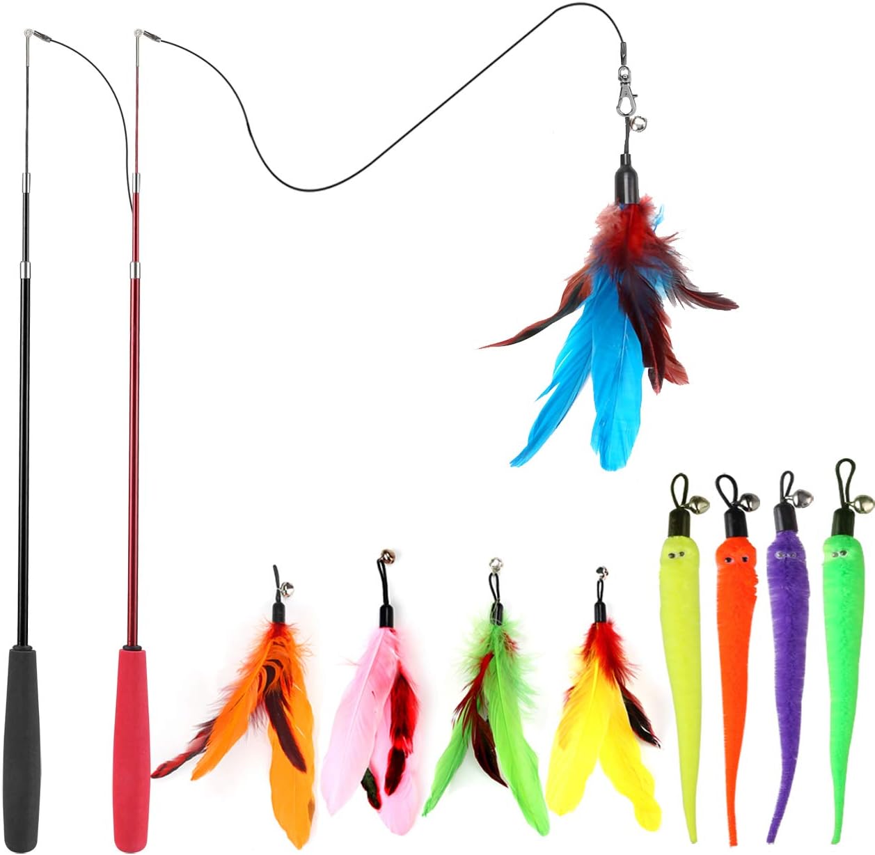 Huidcom Cat Feather Toy Retractable Interactive Wand Kit – Great Shop Huidcom Cat Feather Toy Kit Displaying Two Retractable Wands And Nine Assorted Feather Refills
