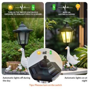 Warm Yellow Led Lantern Glowing On Duck Resin Flower Pot Solar Outdoor Light