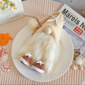Sandy beige plush white starfish standing gnome doll with twine wrapped hat pom pom