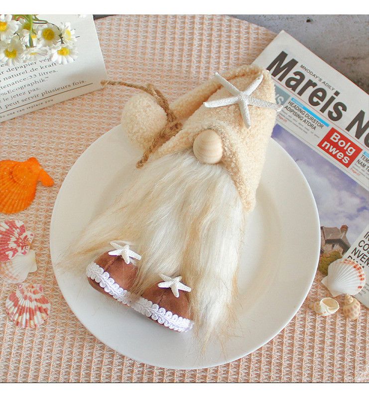 Plush White Starfish Standing Gnome Beach Ornament – Great Shop Sandy Beige Plush White Starfish Standing Gnome Doll With Twine Wrapped Hat Pom Pom