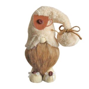 Freestanding light beige plush coffee gnome figurine with tan beard on white background