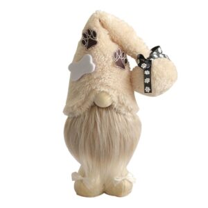 Light beige plush dog series white hat gnome doll with bone decoration and paw print patch