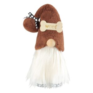 Freestanding dark brown plush dog theme gnome figurine with white beard on white background