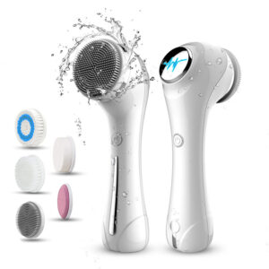 Cat silhouette inspired 6-in-1 multifunctional electric facial cleanser with interchangeable heads.