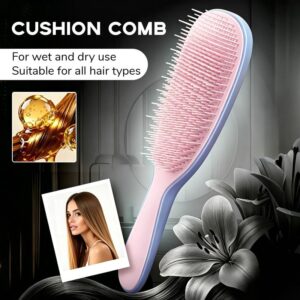 Detachable Silicone Cushion massage brush blue pink detangler resting flat on a contemporary bathroom counter.