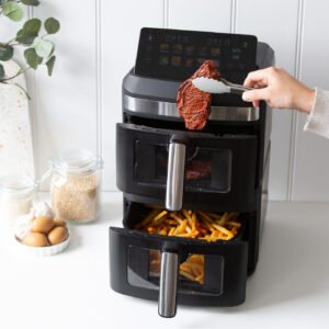 Twin 6.5L Non Stick Baskets Pulled Out Of The Healthy Choice 13L Air Fryer Showing Viewing Windows