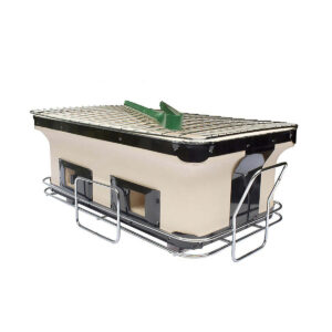 Traditional Japanese hibachi tabletop grill on a steel stand with charcoal grates