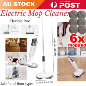 Cordless electric spin mop floor polisher in white standing upright