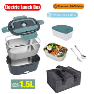 Dark green 2 in 1 home car electric lunch box food warmer bento with its insulated carry bag and cutlery set.