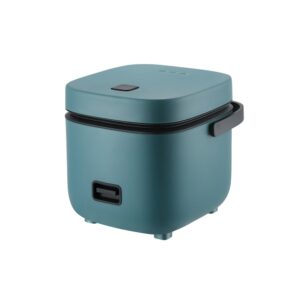 Blue 1.2L Mini Rice Cooker on a clean kitchen benchtop with the luminous display lit up.