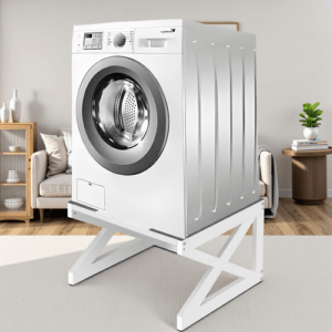 Washing Machine Pedestal Raiser Holding A Front Loader Appliance Inside Modern Laundry Room