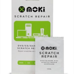 Moki DVD/CD/Game Disc Scratch Repair Kit tube with polishing cloth on a desk
