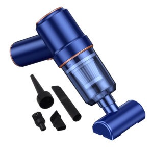 Portable handheld cordless car vacuum cleaner in blue showing the sleek ergonomic design.